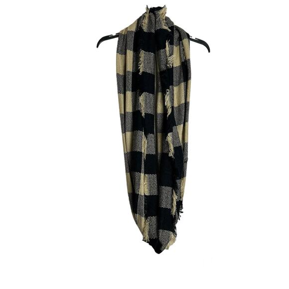Plaid Black and Beige Tan Infinity Scarf Fringe Raw Hem - Picture 3 of 5